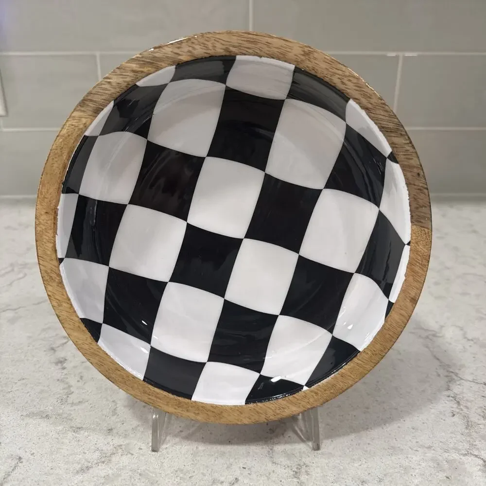 Black White Checker Enamel on Wood 8” Serving Tray / Bowl Enameled Checkerboard